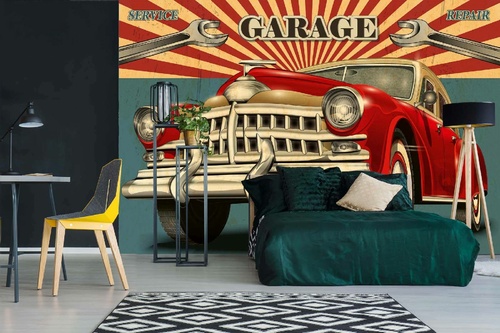 Vlies Fototapete - Vintage Garage Retro Plakat 375 x 250 cm